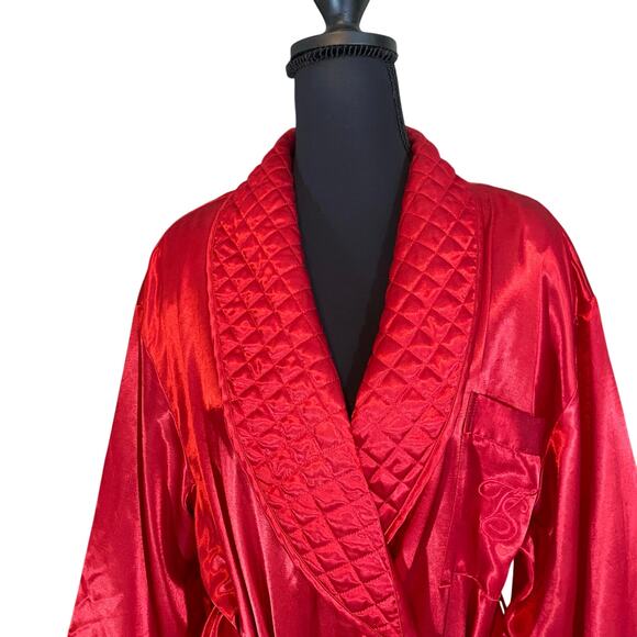 Vintage Victoria’s Secret Red Satin Quilted Robe Belted M/L Embroidered Pocket - Picture 3 of 8